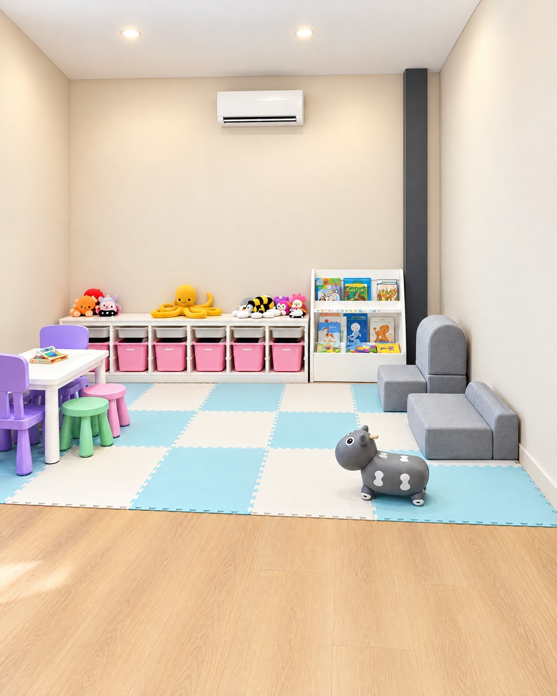 Sala do Clube Infantil com brinquedos e tapete de jogo