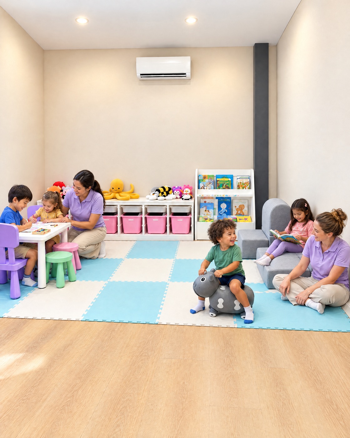 Crianças a brincar com as suas amas no Clube Infantil